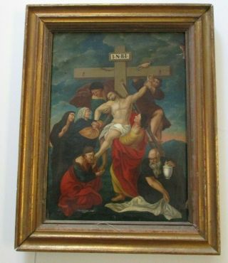 Antique 19th Century Or Older Old Master Painting Portrait Icon Crucifixion
