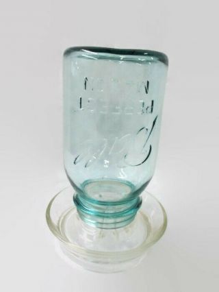 Vintage Glass Chicken Waterer Feeder Patent W/ Blue Quart Jar