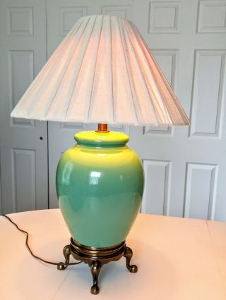 Vintage Authentic Fantastic Mcm Ginger Jar Lamp Topaz Green,  Brass Base.  No Shade