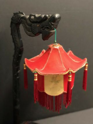 Antique 1920 Chinese Wood Hand Carved Dragon Lamp W/original Silk Shade