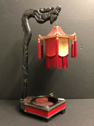Antique 1920 Chinese Wood Hand Carved Dragon Lamp w/Original Silk Shade 2