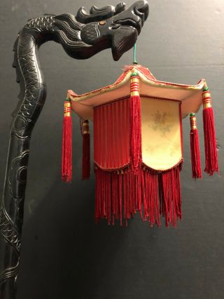 Antique 1920 Chinese Wood Hand Carved Dragon Lamp w/Original Silk Shade 3