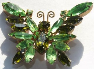 Sparkling Vintage Green Rhinestone Butterfly Brooch Pin - Prong Set - Jewelry