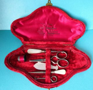 Antique Sewing Kit,  Pearl Fish Wiinder,  Tools,  Scissors,  Glove Button Hook,  Thimble