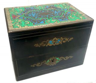 Lovely French Antique Boulle Work Trinket Jewellery Box With Multi Coloured Top