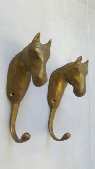 Set Of 2 Heavy Vintage Solid Brass Horse Heads Coat / Hat / Key / Tack Hooks 6 "