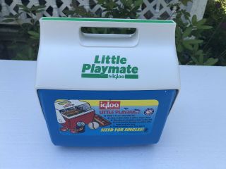 Vintage Little Playmate By Igloo Blue Green White Push Button Cooler Lunch Box