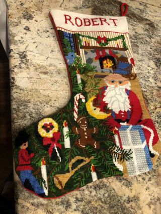 Vintage Needlepoint Christmas Stocking Santa Claus Fireplace Personalized Robert