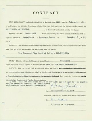 1964 U.  Houston V.  Ohio State Signed Basketball Game Contract (harry Fouke)