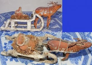 Antique Japan Christmas Cotton Santa Clay Face Putz Sleigh Paper Mache Reindeer