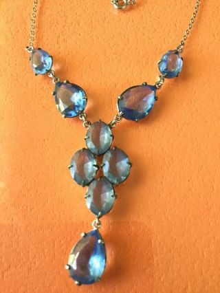 Vintage Blue Open Back Bezel Set Oval Glass Crystal Silver Necklace - 68