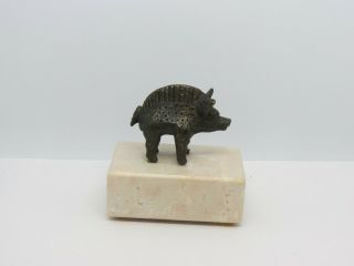 Vintage Mini Bronze Wild Boar Pig Figurine Statue On Stone Base