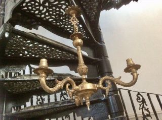 Antique Vintage Ornate Brass 3 Arms Chandelier,  Light,  Lamp,  Church Salvage,  2 Of 2