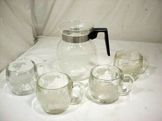 Vtg Clear Glass Nestle World Globe Earth Etched Carafe 4 Cups Mugs Coffee Set