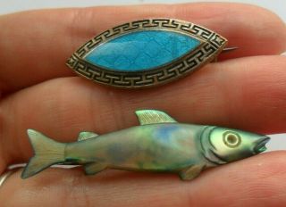 Vintage Antique Jewellery Abalone Shell Mother Of Pearl Fish Brooch,  Enamel One