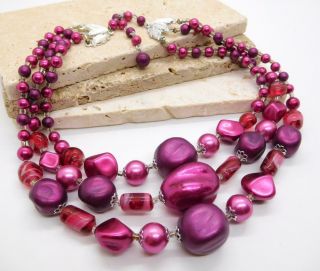 Vintage Signed Japan Layered 2 Strand Magenta Glass Lucite Bead Necklace Y32