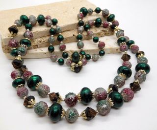 Vintage Signed Japan Layered Double Strand Green Red Silver Bead Necklace Aa16