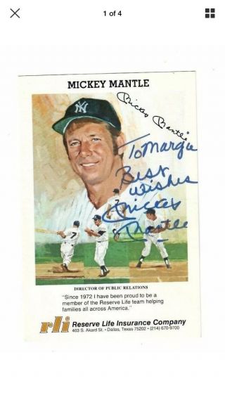 Mickey Mantle Signed Reserve Life Insurance Ad Card Margie Ny Yankees Beckett