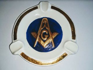 Freemason Ceramic Vintage Ashtray White And Blue Gold Trim 5 1/2 "