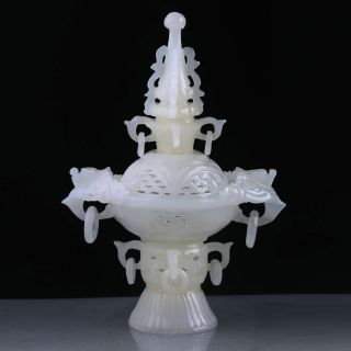 23 Cm /exquisite Chinese Afghanistan Jade Hand Carved Dragon Incense Burner&lid