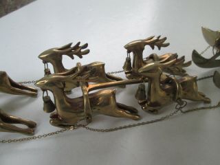 Vintage 24” Solid Brass Christmas Sleigh & 8 Reindeer Set w Bells & Chains 3238 3