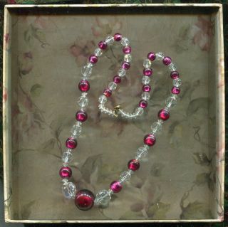 Vintage Gorgeous Ruby Red And Crystal Bead Necklace - Sumptious - 19 " Long
