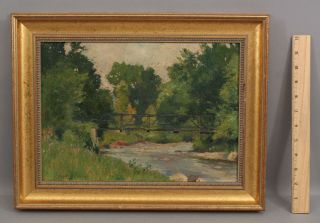 Antique American Impressionist River Landscape & Bridge Oil Painting,  Nr