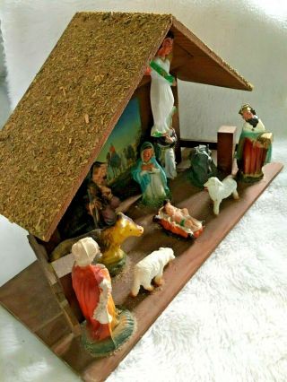 Vintage Mid Century 12 Pc Nativity Set W/large Wood Creche Manger Scene Figures