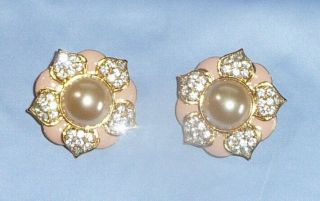 Vintage " Joan Rivers” Blush Enamel,  Faux Pearl & Rhinestone Gold Plated Earrings