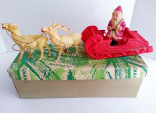 Vintage Celluloid Santa & Sleigh Reindeer Christmas Ornament Japan 13.  5 " Long
