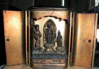 Antique Chinese Japanese Black Lacquer 3 Deity Traveling Shrine Temple