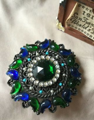 Vtg Blue & Green Grippox Poured Glass Rhinestone Tiered Brooch Pin Signed Capri