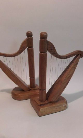 A Vintage Unusual Classical Harp Shape Oak Bookends.