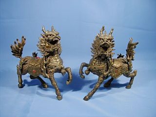 Old Chinese Pair Brass / Bronze Temple Guardians - Kylin Qilin - Dragons Lions
