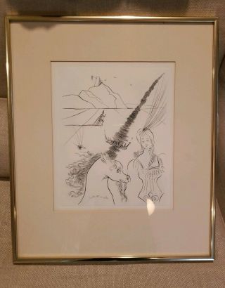 Antique Salvador Dali " Lady And The Unicorn " Etching Lithograph Print Framed