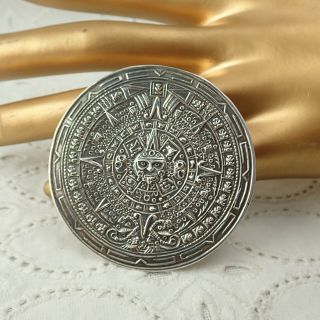 Vtg Mexico 925 Silver Mayan Aztec Sun Calendar Pin Brooch Pendant By Fhc 18.  1g