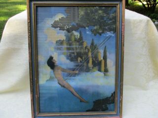 Antique Maxfield Parrish Print - " The Dinky Bird " In Blue Trim Wood Frame