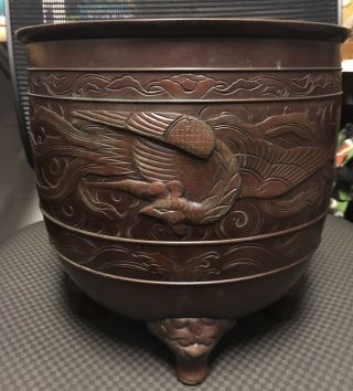 Fine Old Chinese Bronze Qilin Dragon And Phoenix Planter Pot Censer
