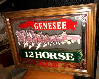 Vtg Genesee Beer 12 Horse Ale Mirrored Sign,  Clydesdale Horses