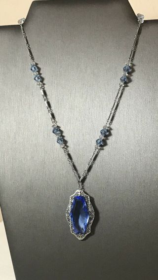 Vintage Silver Tone Czech Glass Beaded Blue & Clear Necklace 17 1/2 " Length