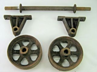 (2) 8 " X 2 1/2 " Antique Cast Iron Cart Wheels W/ 24 " L Axle W/ Mounts