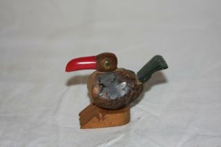 Vintage Carved Tagua Nut Toucan Bird Green Bakelite Tail And Red Bill Glass Eyes