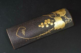 T7354:Japanese Bamboo Grape gold lacquer pattern TEA SPOON Chasaji w/signed box 2