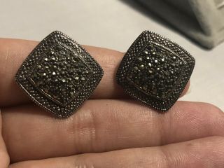 Vintage 925 Sterling Silver Marcasite Clip On Earrings (693)