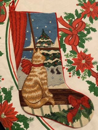 Vintage Christmas Needlepoint Stocking Handmade Cat Window Tree Euc