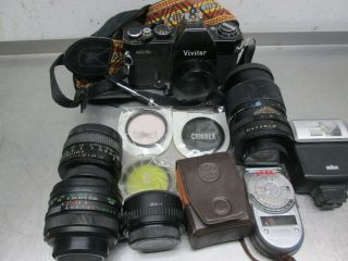 Vintage Vivitar 420/sl 35mm Film Slr Camera With Rikenon 135mm Lens,  Braun Flash