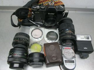 Vintage Vivitar 420/SL 35MM Film SLR Camera With rikenon 135MM Lens,  braun Flash 2