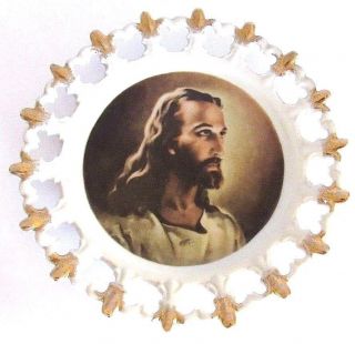 Vintage Decorative Hand Painted Jesus Gold Trim Plate