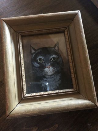 Early Primitive Cat Wavy Glass Old Frame Sweet Painting