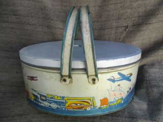 Old Vintage 1940s Ohio Art Tin Transportation Lunch Box Pail W Inner Tray Silver